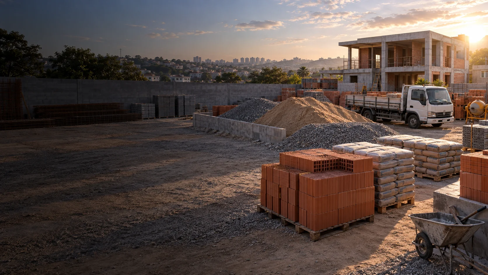 Pátio com areia, pedra e tijolos para construção