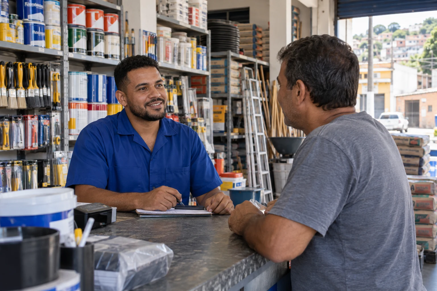 Cliente conversando com atendente em loja de materiais de construção